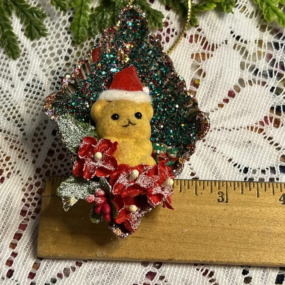 Vintage Diamond Tart Tin Flocked Fuzzy Bear Diorama Mid Century Glitter Ornament